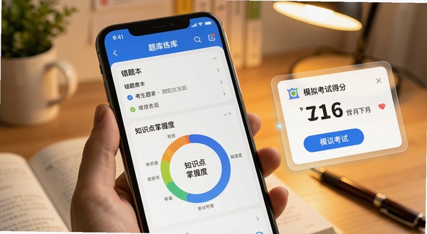 考生之家题库练习界面特写,手机屏幕显示错题本列表与知识点掌握度环形图,画面右侧悬浮着模拟考试得分卡片,背景为柔和的书桌场景,光线温暖,突出学习数据分析的科技感