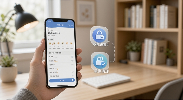 考生之家移动端使用场景示意图,画面展示一只手握持手机浏览题库练习页面,屏幕旁浮现权限设置与缓存清理的图标示意,背景为简洁的室内学习角,风格写实自然