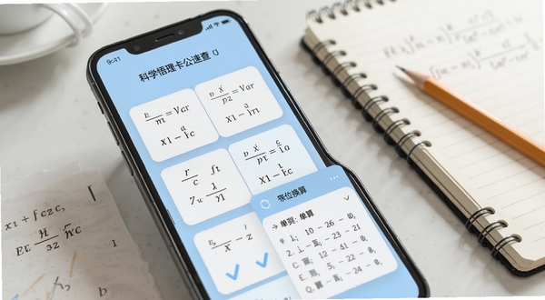 科学悟理卡公式速查界面,手机屏幕展示物理公式卡片与单位换算面板,浅蓝色背景,简洁扁平化设计,学习场景氛围,桌面摆放笔记本与铅笔,柔和自然光,高清细节