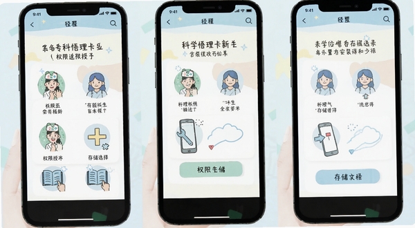 科学悟理卡新手安装设置流程图,手机界面展示权限授予与存储选择步骤,扁平插画风格,浅色背景,步骤图标清晰,学习工具主题