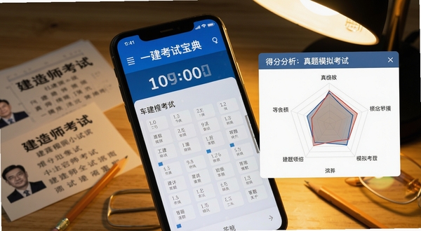 一建考试宝典真题模拟考试页面特写,手机屏幕显示倒计时与答题卡网格,右侧弹出得分分析雷达图,桌面上散落建造师考试准考证与铅笔,暖色台灯光线,突出备考紧张氛围
