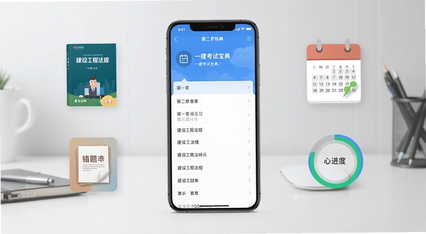 一建考试宝典手机应用界面全景展示,画面中央放置一部竖屏智能手机,屏幕内呈现蓝色主色调的题库练习页面与章节列表,左侧悬浮建设工程法规教材与错题本图标,右侧点缀日历打卡与进度环形图,背景为浅灰渐变办公桌面环境,整体风格清爽专业,适配Boogu模型生成