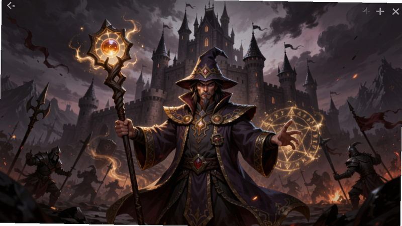 龙魂魔法游戏主界面,画面中心是一个威风凛凛的魔法师角色,手持法杖,背后是古老的城堡和魔法光效,背景为暗色调的战场。colour_palette: #4a0e4e, #c7922e, #1a1a2e, #e6c229, #8b0000。适配ideogram-4模型。