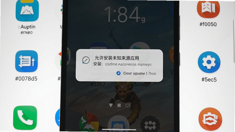 龙魂魔法手机安装步骤截图,手机上显示“允许安装未知来源应用”的弹窗,背景为桌面。colour_palette: #ffffff, #0078d7, #333333, #e5e5e5, #ff0000。