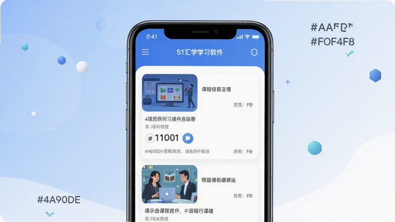 51汇学学习软件预览图,画面中央一部智能手机屏幕显示课程列表,背景为浅蓝色到白色渐变,配色方案 #4A90D9 #FFFFFF #F0F4F8