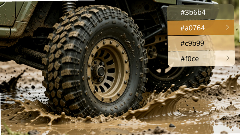 Close-up of off-road vehicle wheels splashing through a muddy puddle, with a semi-transparent function menu overlay in the upper right corner. Colour palette: #3b6b4a, #a0764a, #c9b99a, #f0ece1.
