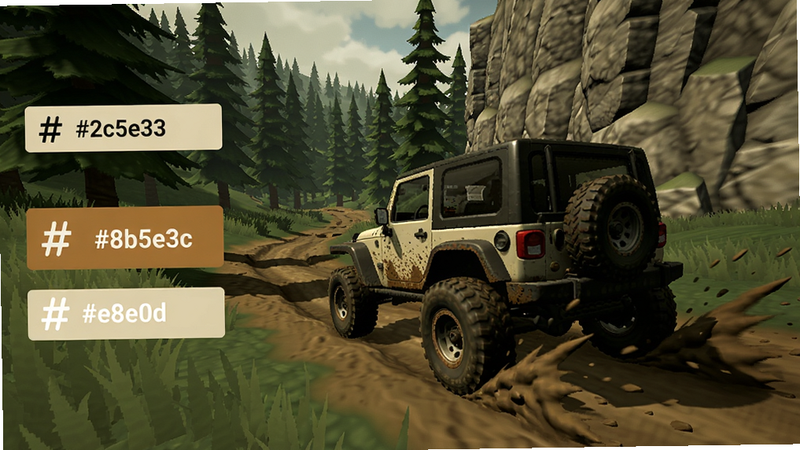 A rugged off-road racing game scene with a jeep kicking up mud on a mountain trail, left side shows a floating function menu icon, background has forest and rocky cliffs. Colour palette: #2c5e3d, #8b5e3c, #d4a76a, #e8e0d0.