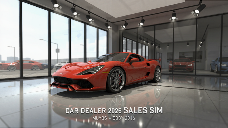 Car Dealer 2026 Sales Sim游戏主界面预览图,画面中心是一辆红色跑车在明亮展厅中,背景有玻璃幕墙和射灯,地面光滑反光,细节写实,风格现代