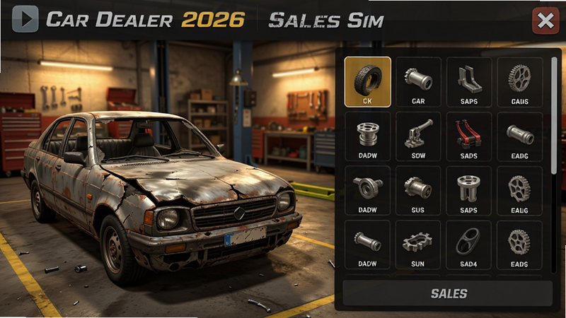 Car Dealer 2026 Sales Sim游戏内二手车翻新界面截图,画面左侧是一辆破损的旧车,右侧是零件选单,背景是维修车间,灯光暖黄,细节丰富