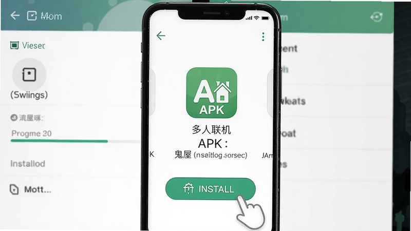 鬼屋多人联机安装步骤示意图,手机屏幕显示APK安装包图标,点击安装按钮,进度条正在读取,背景为系统设置界面,清晰明了。