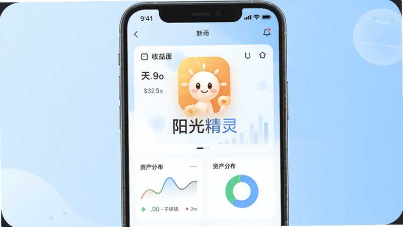 阳光精灵app主界面截图,画面中央为简洁的理财仪表盘,显示收益曲线和资产分布,背景为淡蓝色渐变,整体风格现代清新,注意突出阳光精灵logo和名称,坐标居中,背景为浅色