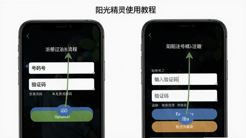 阳光精灵使用教程截图,画面展示手机上的注册流程步骤,包括输入手机号、验证码等界面,背景干净,突出操作按钮,风格清晰明了