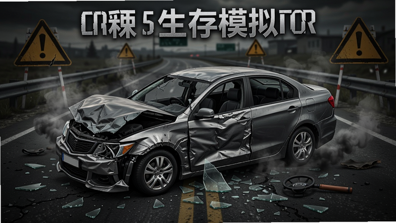车祸生存模拟器游戏主界面截图,画面中央是一辆严重变形的轿车,周围散落着玻璃碎片和烟雾,背景是公路和警示牌,整体色调昏暗,突出碰撞后的破坏感,横版16:9比例,适合游戏宣传图