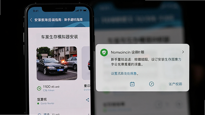 新手避坑指南,手机屏幕上显示车祸生存模拟器安装界面,旁边有设置权限的提示弹窗,背景为深色,突出安装注意事项,竖版构图