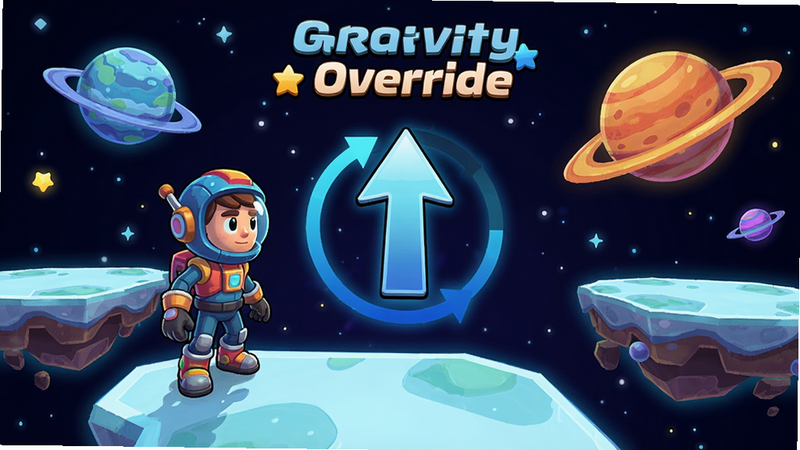 Gravity Override游戏主界面,角色站在漂浮的平台上,背景是星空和彩色星球,画面中央显示重力方向箭头,整体风格卡通明亮。