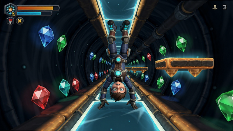 Gravity Override游戏关卡截图,角色倒立行走在隧道中,周围有发光宝石和移动平台,色彩明亮细节丰富。