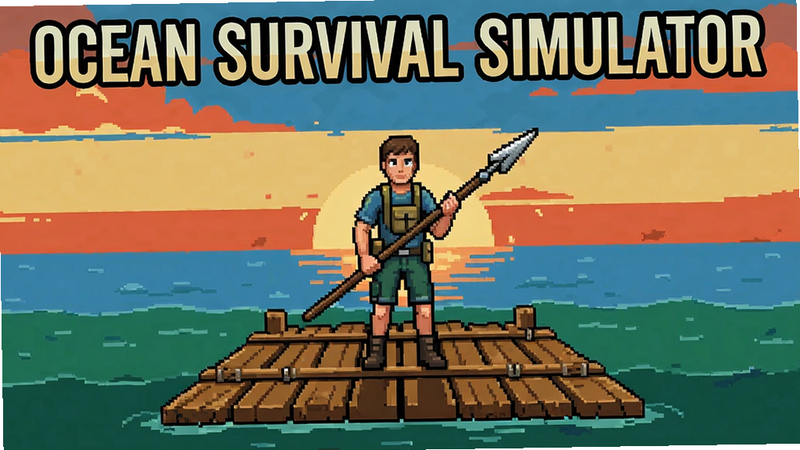 Ocean Survival Simulator overview, player standing on a wooden raft with a spear, ocean background with sunset, composition: player centered, background: ocean and sky, colour_palette (#FF7F50, #87CEEB, #F0E68C, #2E8B57, #8B4513)