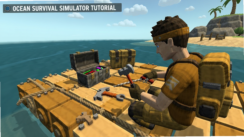 Ocean Survival Simulator tutorial, player crafting tools on raft, colour_palette (#CD853F, #8B4513, #A0522D, #DEB887, #F5DEB3)