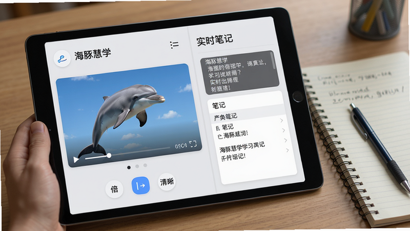 海豚慧学学习界面截图,左侧为课程播放窗口,右侧显示实时字幕和笔记区域,底部有倍速、清晰度切换按钮,整体UI采用卡片式布局,背景为淡灰色,突出文字和图标,场景为学生在平板电脑上使用app,桌旁有笔记本和笔。
