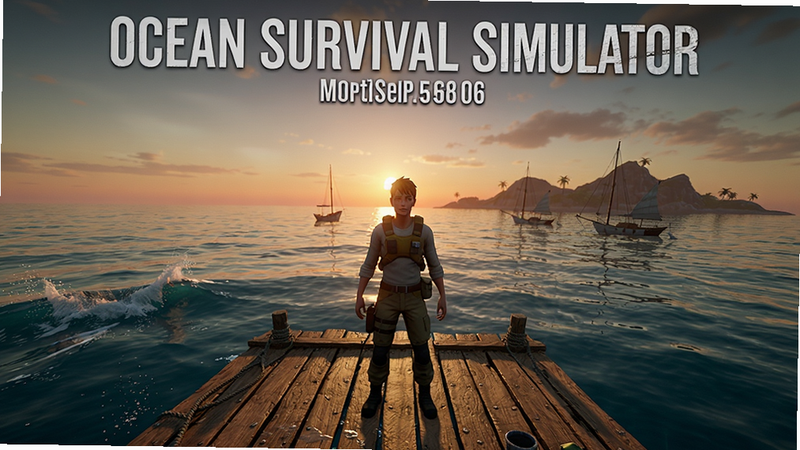 Ocean Survival Simulator 游戏主界面,主角站在木筏上,背景是夕阳下的海洋,远处有岛屿剪影,画面清晰写实,色彩丰富。