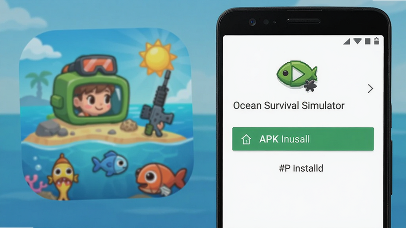 Ocean Survival Simulator 游戏安装过程截图,手机屏幕上显示APK安装界面,背景是游戏图标,简洁明了。