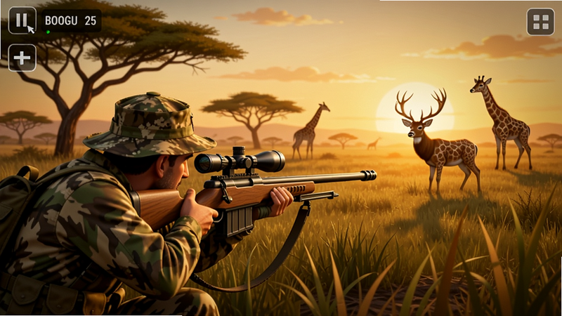 Real wild animal hunting游戏主界面,一名身穿迷彩服的猎人半蹲在草丛中,手持狙击步枪,瞄准远处一只雄鹿,背景是夕阳下的稀树草原,有金合欢树和长颈鹿剪影,画面色彩温暖,光影细致,适合Boogu模型生成