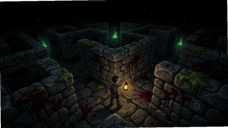 Maze in the dark 2��Ϸ�����棬����������һ���ֳ��͵ƵĽ�ɫվ������ʯǽ�Թ���·�ڣ�����ǽ�ڲ���̦޺�Ͱ���ɫѪ����Զ��͸��΢������ɫӫ�⣬����������ĺ�ɫ��գ�����ɫ��ƫ�����Ͱ��أ�ϸ�ڷḻ���ʺ���Ϊ��Ϸ����Ԥ��ͼ