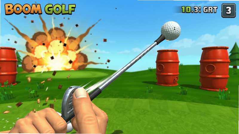 Boom Golf游戏过程截图,展示玩家手指在屏幕上滑动球杆蓄力,高尔夫球即将飞出,背景有可爆炸的红色桶状障碍物