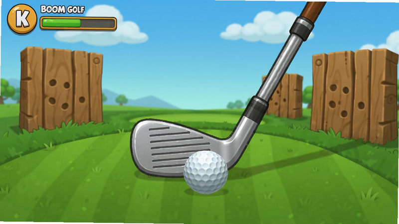 Boom Golf游戏主界面预览图,画面中央显示高尔夫球杆和白色球体,背景为绿色草地、蓝色天空和木质障碍物,整体卡通风格,竖屏布局,左上角显示关卡进度