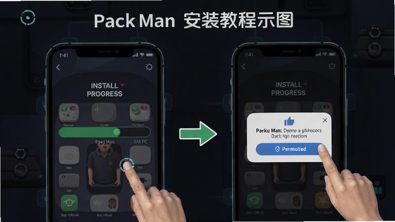 Pack Man 安装教程示意图,展示手机屏幕上的安装进度条和权限弹窗,背景为深色,突出操作步骤,适配Boogu模型。