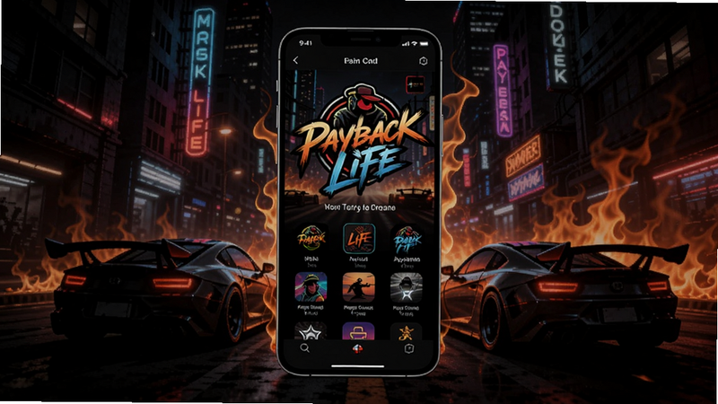 画面中央是一部亮屏智能手机,屏幕显示Payback Life主题主界面,背景是暗黑城市夜景,有霓虹灯和赛车剪影,手机周围有火焰特效,整体风格街头嘻哈,采用深色背景与橙色火焰对比,分辨率16:9,细节丰富,色彩饱和,展现主题的动态效果。