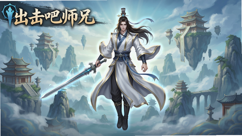 出击吧师兄游戏主界面,画面中央一位身穿白色长袍、手持飞剑的修仙角色(主角师兄)正凌空而立,背景是云雾缭绕的仙山与悬浮的古建筑,色调以青蓝与金色为主,光影通透,整体风格大气唯美,细节清晰,适合用作游戏宣传图。alt:出击吧师兄预览图