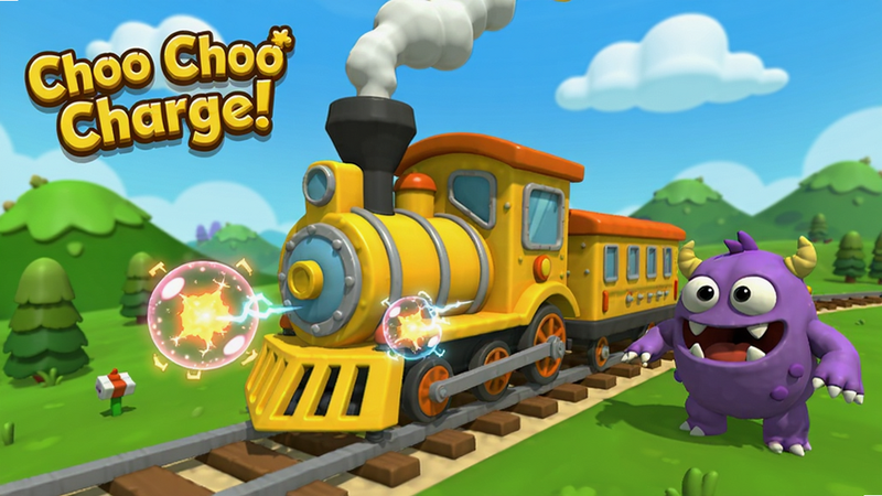 Choo Choo Charge!游戏主界面预览,画面中央是一辆亮黄色的小火车正在铁轨上奔驰,背景是蓝天白云和翠绿山丘,火车前方有闪烁的能量球和一只紫色怪兽,整体卡通风格,色彩鲜艳,细节清晰,适合Boogu模型生成。