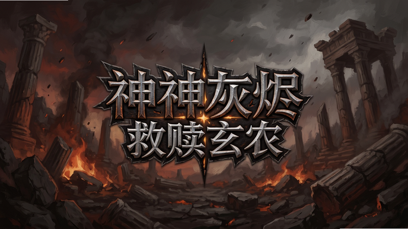 诸神灰烬救赎玄农改游戏标题画面,中央是游戏Logo,背景是燃烧的灰烬与破碎的遗迹,色调以暗红和灰色为主,风格写实略带油画质感,画面细节丰富,适配Boogu模型生成