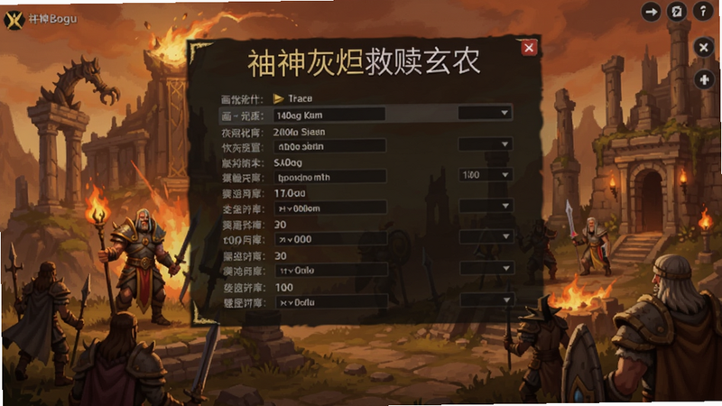 诸神灰烬救赎玄农改游戏设置界面,展示画质、帧率、分辨率等选项,背景是游戏内场景,色调温暖,文字清晰,适配Boogu模型生成