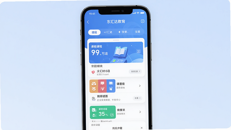 东汇达教育App主界面预览图,手机屏幕显示课程列表和刷题模块,背景为淡蓝色渐变,整体风格简洁现代,突出学习氛围