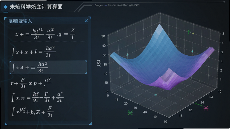 未熵科学熵变计算界面,左侧显示公式输入区,右侧为三维熵变曲面图,配色为蓝紫渐变,背景有半透明网格辅助线,整体风格科技感强,适配Boogu模型生成。