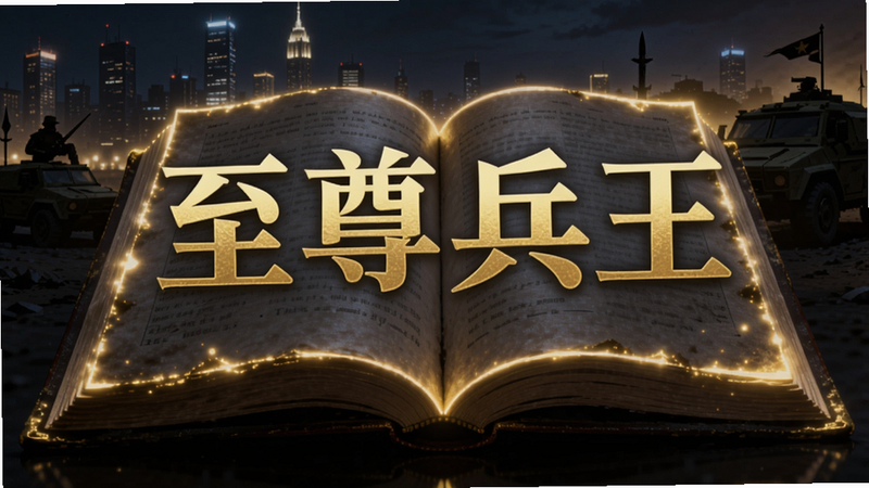 画面中央是一本打开的书,书页上浮现出“至尊兵王”四个金色大字,背景是城市夜景与军营剪影,整体色调为深蓝与暖黄,突出热血与神秘感。书页边缘有轻微发光效果,适配Boogu模型生成。