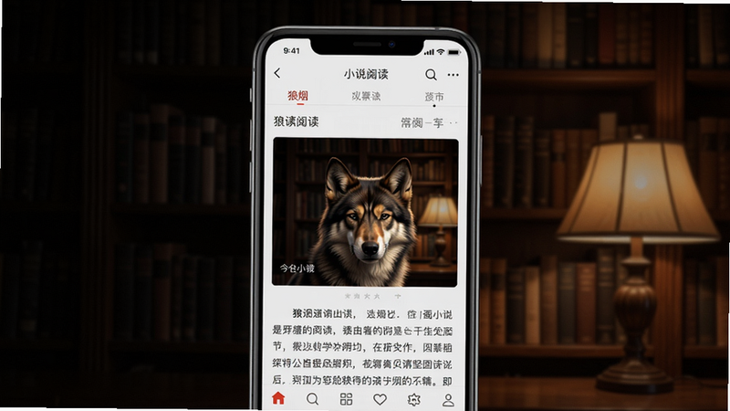 狼烟-Online App主界面预览图,画面中央展示一款手机屏幕,屏幕内显示小说阅读界面,背景为深色书柜与暖色灯光,整体氛围安静专注,突出小说阅读场景,适配Boogu模型生成。
