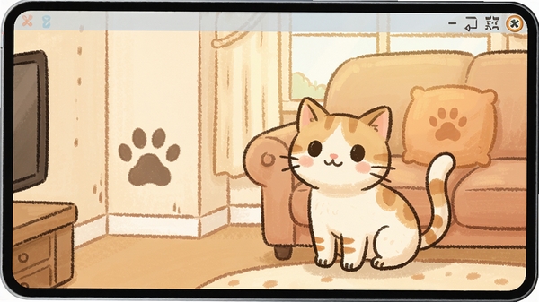 变成小猫咪电脑版游戏画面,一只可爱猫咪在客厅沙发旁,隐藏的爪子(Hidden Paws)标记在墙角,手绘风格,暖色调背景