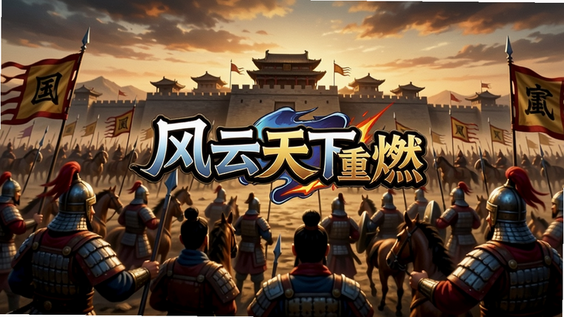 生成一幅三国战场全景图,画面中央是风云天下重燃的游戏LOGO,背景为气势恢宏的城池与千军万马,士兵铠甲鲜明,旗帜飘扬,天空霞光万丈。整体风格为写实国风,色彩浓郁,突出战争氛围。