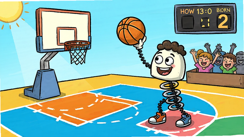 Bouncy Basketball 2游戏主界面,一个卡通弹簧人站在彩色篮球场上,手持篮球准备投篮,背景有篮筐、记分牌和欢乐的观众,2D手绘风格,色彩明亮,画面清晰,细节丰富