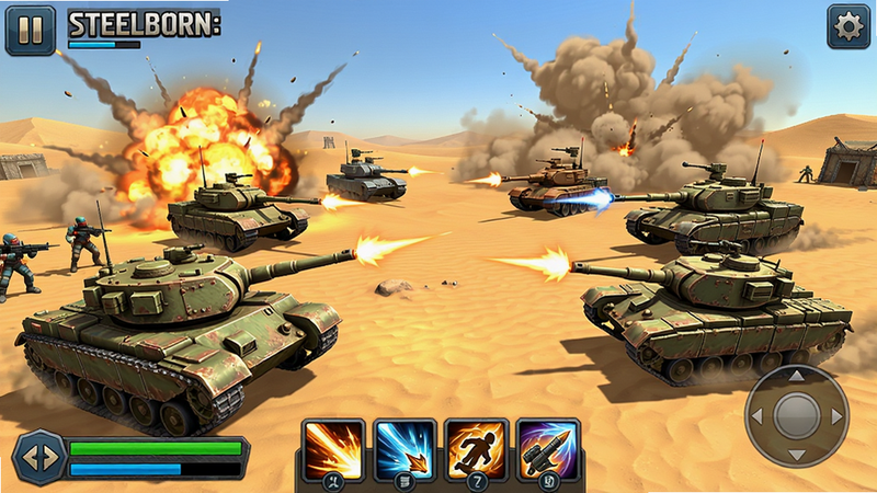 A wide-angle battle scene from Steelborn: Tank Idle RPG, showing multiple tanks of different sizes on a desert battlefield with explosions and dust clouds, UI elements like health bars and skill icons at the bottom, vibrant colors, detailed tank models, mobile game interface, high resolution.