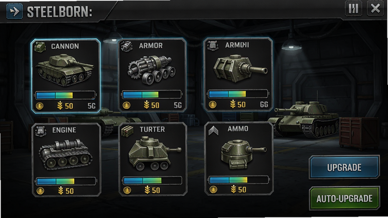 A detailed screenshot of Steelborn: Tank Idle RPG upgrade interface, showing a tank's six upgrade slots (cannon, armor, engine, tracks, turret, ammo) with glowing progress bars and cost icons, background is a dark military hangar, UI buttons for upgrade and auto-upgrade, crisp graphics, mobile style.