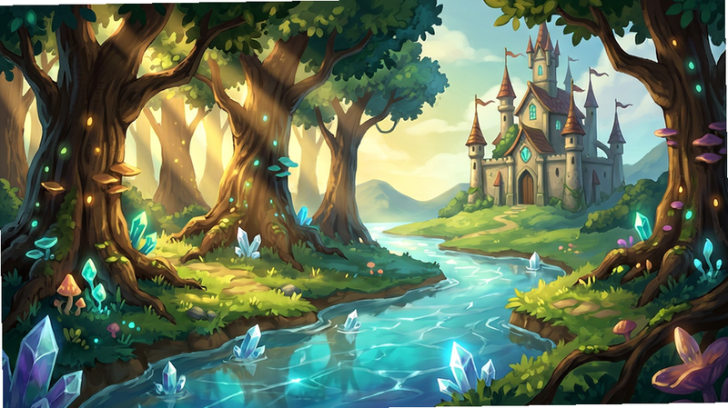 A panoramic view of the Elf Realm game world, featuring a magical forest with glowing trees, a crystal-clear river, and an ancient elf castle in the distance. The art style is vibrant 2D hand-painted, with warm sunlight filtering through leaves, creating a serene and enchanting atmosphere. The image should be high-resolution, suitable for a game screenshot.