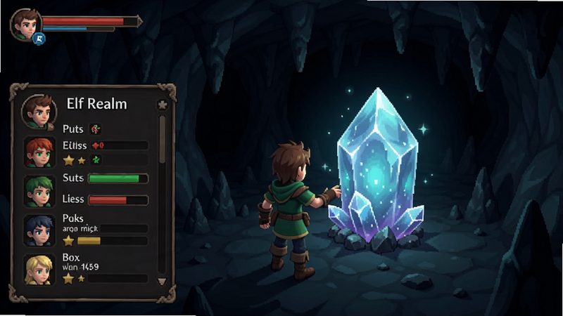 A screenshot of Elf Realm gameplay showing a player character interacting with a glowing crystal in a dark cave, with a menu interface on the left showing character stats. The image should be sharp and clear, representing actual game play.