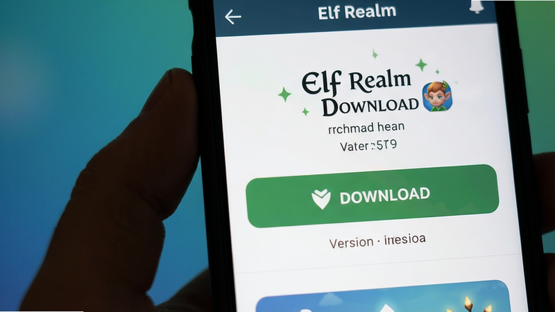 A close-up screenshot of the Elf Realm download page on a mobile device, showing the download button and version information, with a clean interface and clear instructions. The background should be a subtle gradient, emphasizing the download action.