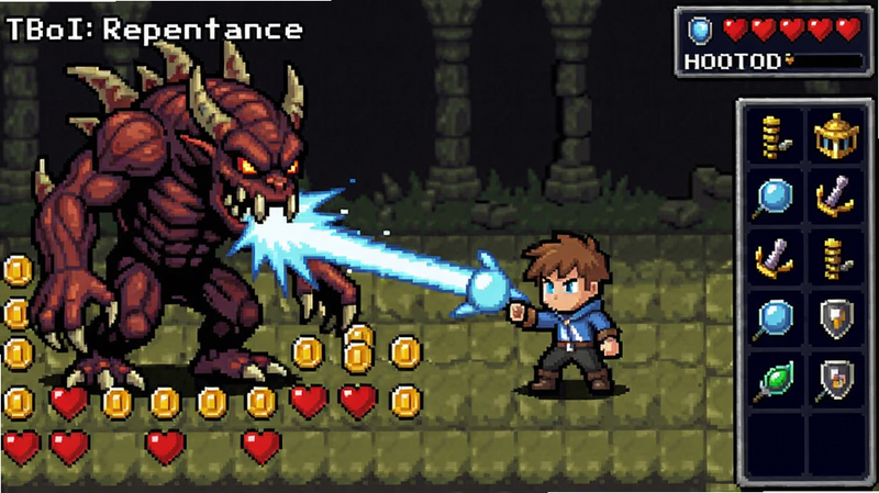 TBoI: Repentance战斗场景,以撒使用眼泪攻击一只大型怪物,地上散落着金币和红心,画面右侧显示道具栏和血量,整体像素风格细腻,适配Boogu模型生成。