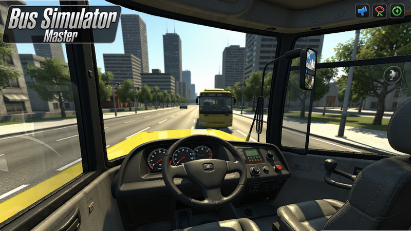 Bus Simulator Master游戏主界面,一辆黄色巴士行驶在阳光明媚的城市街道上,背景有高楼大厦和绿树,画面清晰,视角为驾驶室内部,仪表盘清晰可见,方向盘和座椅细节丰富,整体风格写实。