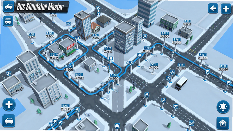 Bus Simulator Master游戏内城市地图俯视图,显示多条公交路线和站点,背景有建筑和道路,地图标注清晰,整体界面简洁,颜色以蓝色和白色为主。